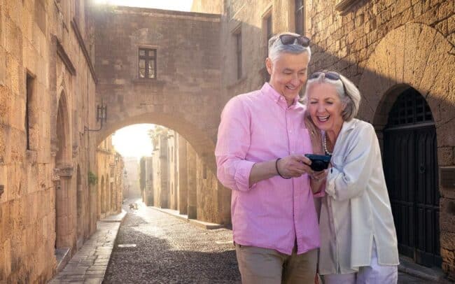 Mature-couple-sightseeing-rhodes-old-town