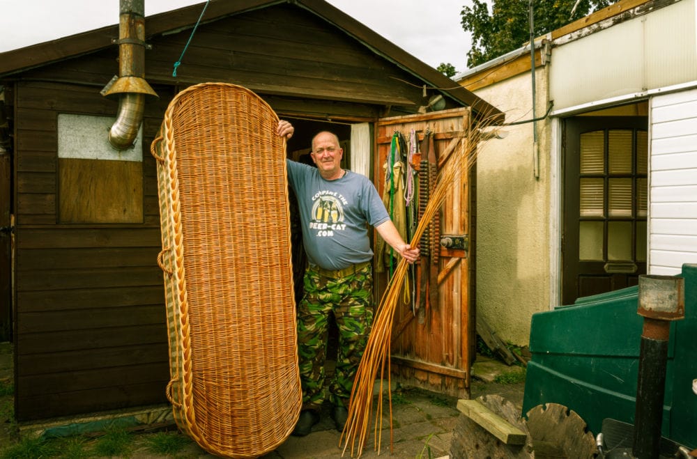 Chris Outside His Workshop With Completed Willow Coffin. Chris Beck Willow Weaver Somerset