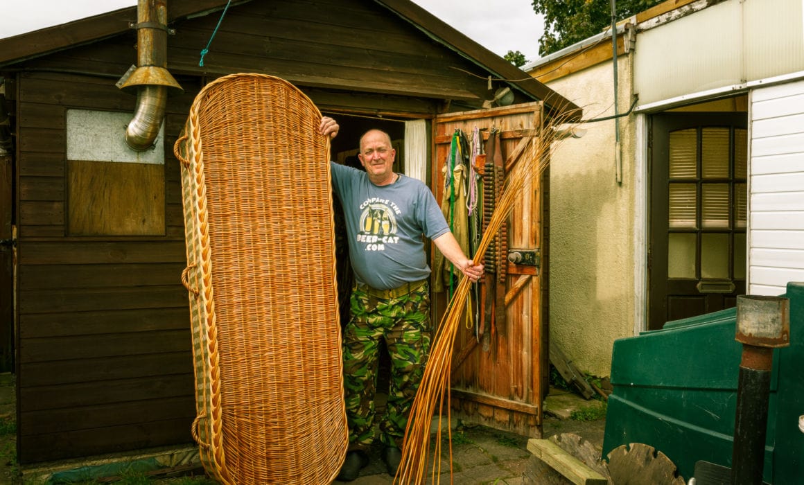 Chris Outside His Workshop With Completed Willow Coffin. Chris Beck Willow Weaver Somerset